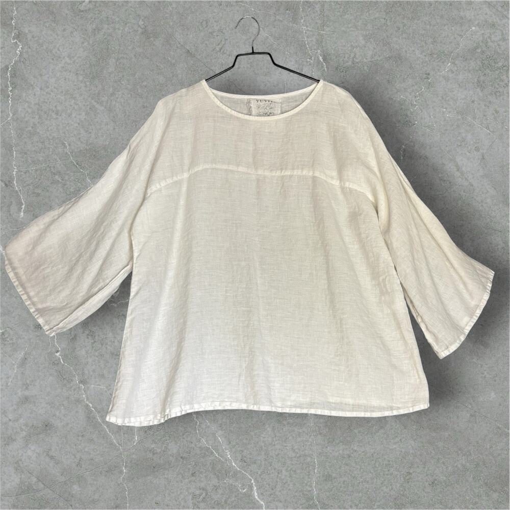 Yuvita 100% Linen Top Women’s Medium Ivory Boxy Loose 3/4 Sleeve Tunic Oversized
